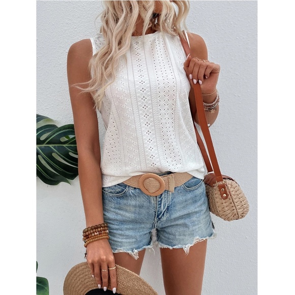White Eyelet Embroidery Tank Top Regular Fit Casual Boho - Picture 3 of 14